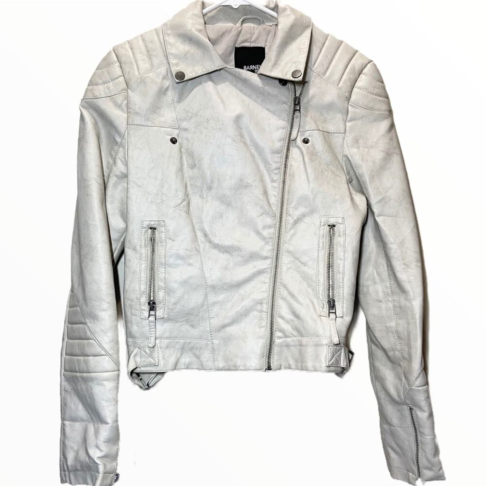 Barneys Originals Moto Jacket 100% Leather Asymmetric Zip Pockets Marble Small